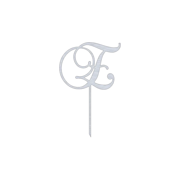 A laser-cut aluminum cake topper featuring an elegant 'E' in swirling script style. The design includes intricate loops and curves, with a natural aluminum finish. The topper has a pointed stake for easy insertion into a cake, set against a black background.